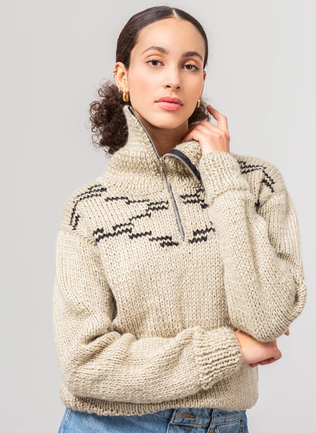 Agathe zipped jacquard trucker neck sweater