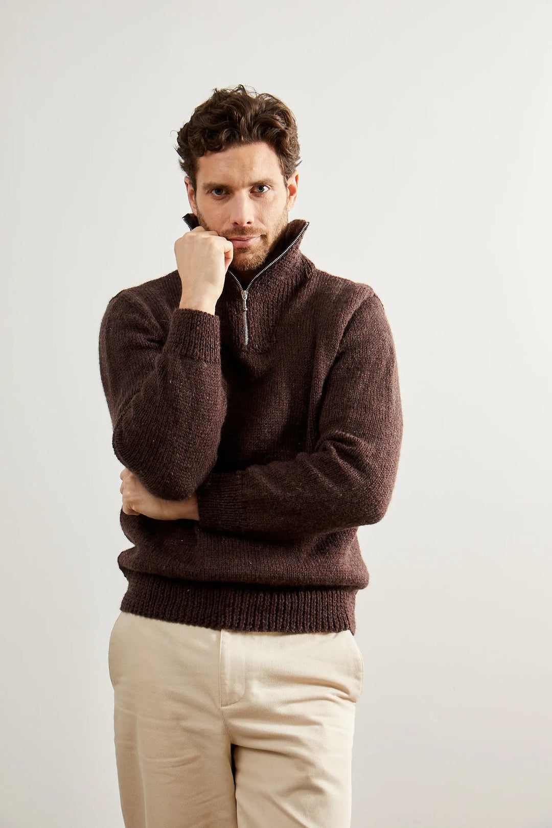 Romain zip-up trucker neck sweater